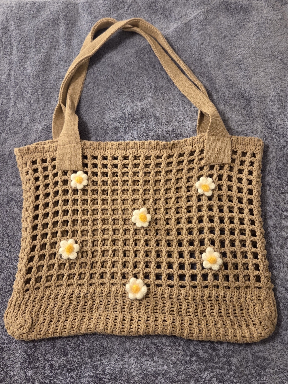 Tan Crochet Tote Bag with Floral Accents